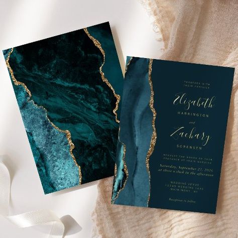 $3.95 | Modern Dark Teal Blue Gold Agate Wedding - agate marble stone, geode gemstone, real gold foil, handwritten calligraphy, modern, chic, gilded elegance, faux glitter, teal blue watercolor, dark Dark Wedding Invitations, Wedding Rehearsal Invitations, Navy Blue And Gold Wedding, Green Gold Weddings, Blue Gold Wedding, Rusting Wedding, Agate Wedding, Elegant Modern Wedding, Dark Modern