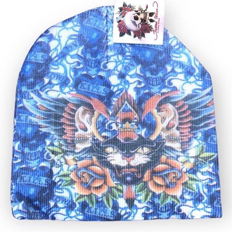 Ed Hardy Type Love Kills Slowly Black Panther Tattoo Style Ribbed Beanie New With Tags Blue & White With Multi-Colored Graphic Adult Size - One Size Fits All Material Stretches Width Of Beanie Laying Flat- 9” Check Out My Shop For The Other Available Beanie Styles. Beanie Styles, Black Panther Tattoo, Graphic Beanie, Love Kills Slowly, Cool Beanies, Punk Style Outfits, Love Kills, Panther Tattoo, Funky Hats