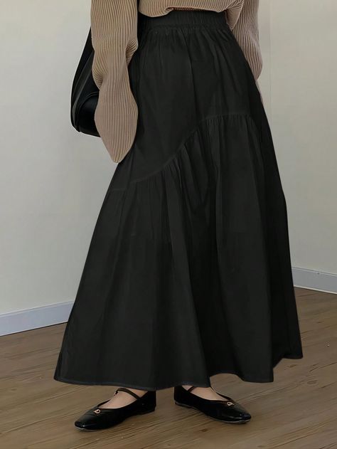 Women's Summer Casual Vacation Patchwork Umbrella Hem Asymmetrical Pleated Skirt With Oversized Flared Hem Black Casual   Woven Fabric Plain Flared Non-Stretch  Women Clothing, size features are:Bust: ,Length: ,Sleeve Length: Patchwork Umbrella, Black Pleated Maxi Skirt, Cute Maxi Skirts, Corporate Goth, Pleated Maxi Skirt, Women Skirts, Green Bean, Pleated Maxi, Maxi Skirts