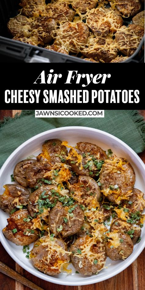 Air Fryer Cheesy Smashed Potatoes Air Fryer Cheesy Potatoes, Air Fryer Smashed Baby Potatoes, Smashed Potatoes Air Fryer, Cheese Smashed Potatoes, Air Fryer Smashed Potatoes, Potatoes Air Fryer, Smashed Red Potatoes, Cheesy Ranch Potatoes, Baby Potato Recipes