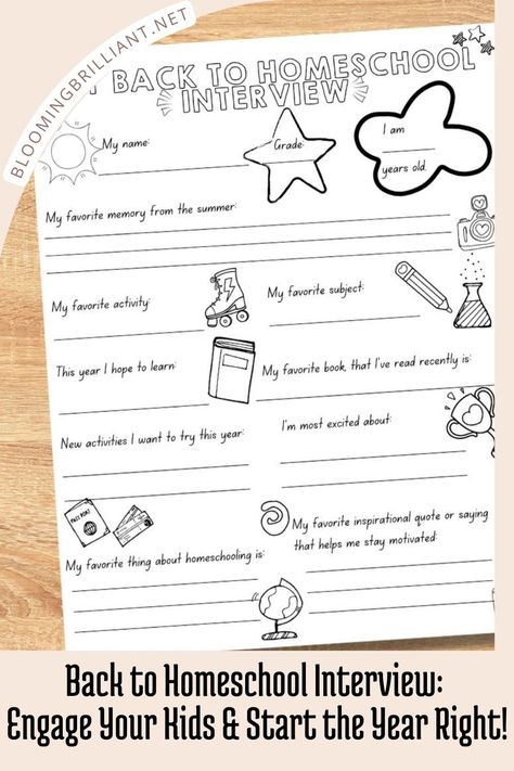 Download our free Back to Homeschool Interview printable to connect with your kids, set exciting goals, and create lasting homeschool memories! Homeschool All About Me Free Printable, Homeschool Meetup Ideas, First Day Of Homeschool Interview Printable, 1st Day Of Homeschool Activities, 1st Day Of Homeschool Printables, 1st Day Of School Homeschool, First Day Of Homeschool Interview, First Day Of Homeschool Co-op, Kindergarten Homeschool Activities Free Printables