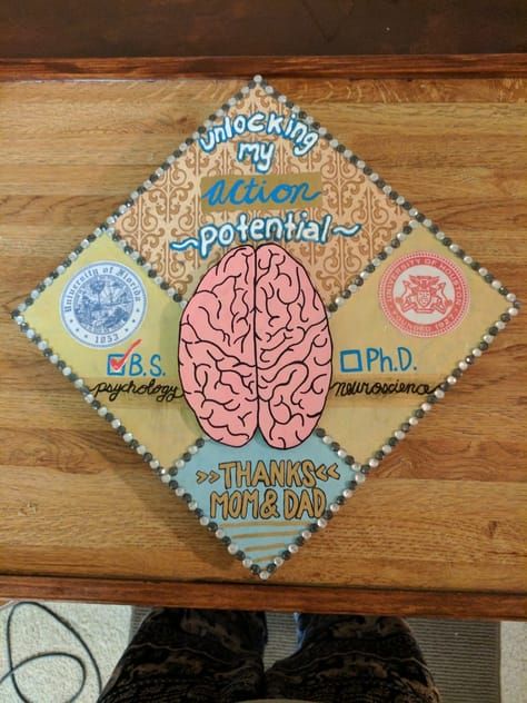 Neuroscience graduation cap with next step check box (by Lindsay Santacroce) Premed Graduation Cap, Graduation Psychology, Biology Graduation Cap, Psychology Graduation Cap, Psychology Graduation, Graduation Fits, Graduation Cap Designs College, Caps Ideas, Disney Graduation