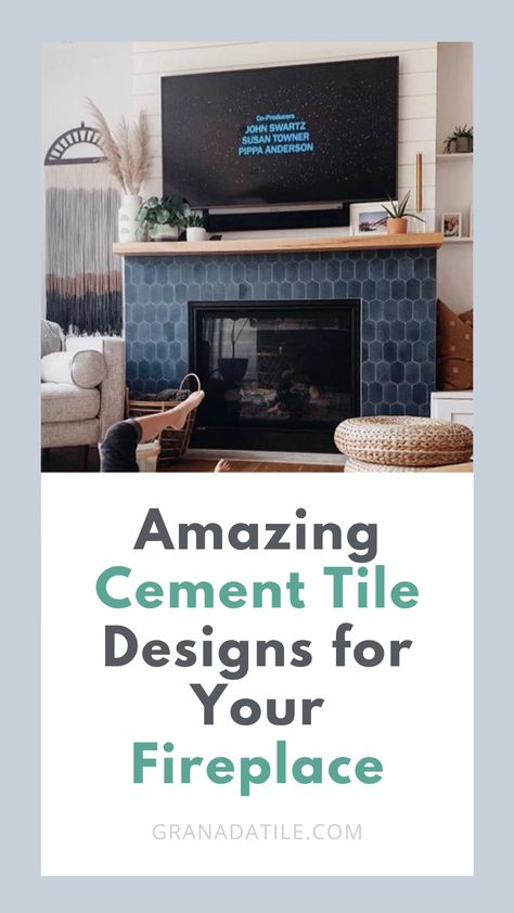 Vertical Fireplace Tile, Funky Tile Fireplace, Fireplace Blue Tile, Navy Blue Fireplace Mantel, Fireplace Design Ideas Tile, Blue Tiled Fireplace, Fireplace Tile Trim, How To Tile A Fireplace, Blue Tile Fireplace Surround