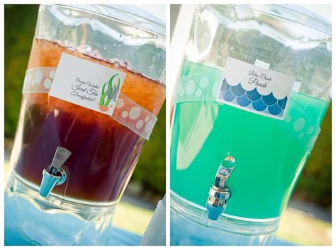 Under the Sea Water Party | CatchMyParty.com Under The Sea Drinks, Mermaid Drink, Summer Party Ideas, Pumpkin Patch Party, Sea Party Ideas, Sea Baby Shower, Ocean Party, Mermaid Parties, Little Mermaid Birthday