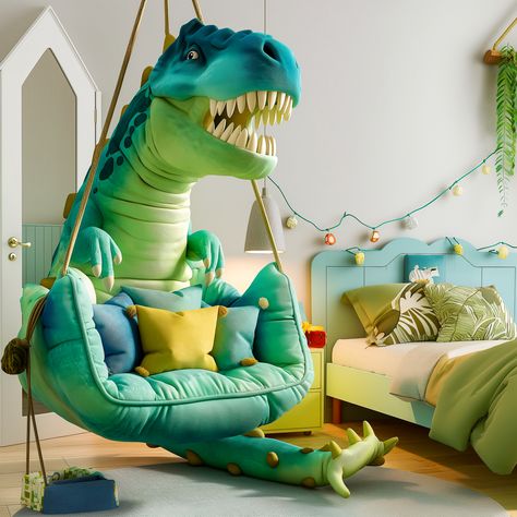 Dino-Sized Comfort: Discover the Mesozoic Magic of Dinosaur Hanging Loungers! - ArtistryApex.com Dinosaur Playroom, Dinosaur Bed, Dinosaur Theme Room, Dinosaur Bedding, Dinosaur Room Decor, Bedroom 2024, Dinosaur Bedroom, Dinosaur Room, Dreams Beds