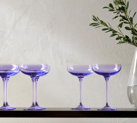 Best Champagne Glasses: Estelle Colored Glass Champagne Coupe Veri Peri, Jewel Tone Colors, Stylish Curtains, Colored Glassware, Glass Cake Stand, Glass Cakes, Decor Essentials, Glass Decanter, Glassware Set