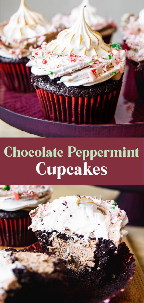 chocolate peppermint cupcakes Peppermint Cupcake Recipe, Peppermint Chocolate Cupcakes, Peppermint Hot Chocolate Cupcakes, Peppermint Bark Cupcakes, Peppermint Cupcakes Christmas, Chocolate Christmas Cupcakes, Christmas Cupcake Flavors, Peppermint Mocha Cupcakes, Holiday Dessert Drinks