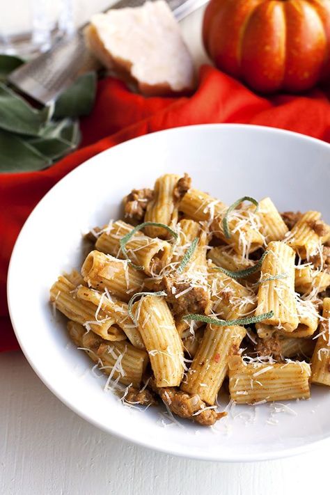 This Pumpkin Pasta with Sausage and Sage is the perfect comfort food dish for fall! It's creamy, spicy, and so flavorful. Plus it's on your table in just 25 minutes! Pumpkin Sausage Pasta, Autumn Dishes, Creamy Pumpkin Pasta, Pumpkin Sausage, Dishes For Dinner, Fall Pasta, Sage Recipes, Pasta With Sausage, Pumpkin Pasta