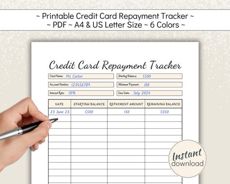 Printable Credit Card Repayment Tracker, Neutral Color Debt Payment Planner Insert, Loan Payoff, Financial Freedom PDF, US Letter, A4 size Printable Credit Card, Financial Printables, Clear Debt, Financial Planning Printables, Loan Payoff, Paying Off Credit Cards, Personal Finances, Planning Printables, Managing Your Money