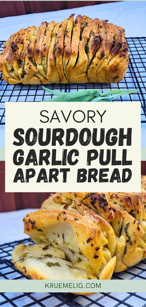 Savory Sourdough Garlic Pull Apart Bread - KRÜMELIG Garlic Pull Apart Sourdough Bread, Rosemary Garlic Pull Apart Bread, Sourdough Discard Garlic Pull Apart, Sourdough Cheesy Garlic Bread, Garlic Herb Sourdough Bread, Sourdough Garlic Pull Apart Bread, Discard Garlic Bread, Crockpot Sourdough Bread, Sourdough Pull Apart Bread