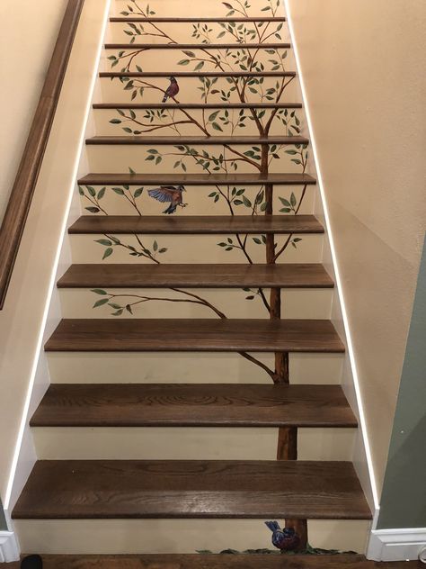 Stairway Mural Tree with Birds by Lara Eve Studios seen at Private Residence, Irvine | Wescover Stair Painting Ideas, Stairway Mural, Above Stairs Decor, Staircase Wall Decor Ideas, Staircase Mural, Stairs Wall Decor Ideas, Stairs Wall Decor, Mural Tree, Stairway Art