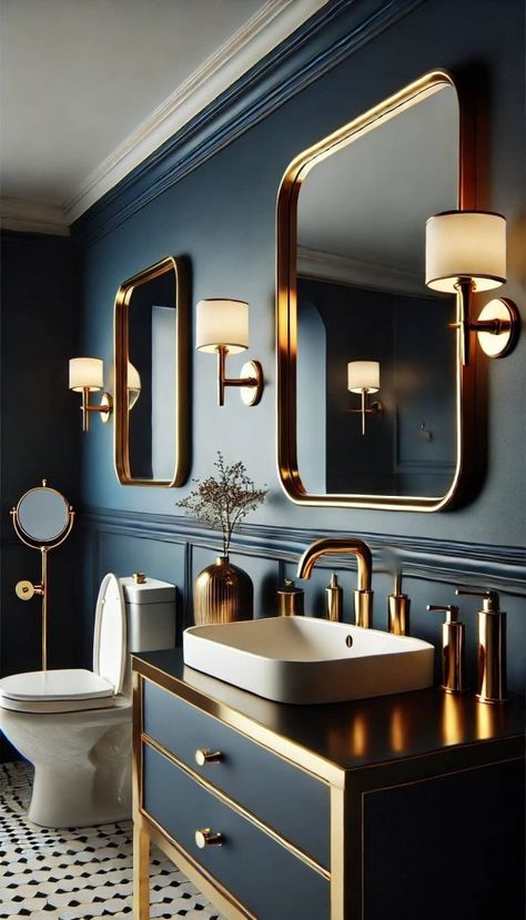 Blue and Gold Bathroom Dark Blue Black And Gold Bathroom, Blue And Gold Interior Design, Blue Toilet Bathroom, Blue And Gold Bathroom Ideas, Blue Gold Bathroom, Green And Blue Bathroom, Navy And Gold Bathroom, Gold Bathrooms, Blue Gold Decor