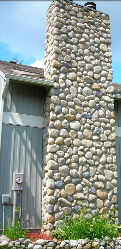 Exterior Stoned Chimney Baugo Creek Fieldstone J&N Stone River Rock Chimney Exterior, Stone Chimney Exterior, Airbnb Exterior, Chimney Exterior, Rock Foundation, Stone Foundation, Dollhouse Inspiration, Stone Chimney, Ranch Exterior