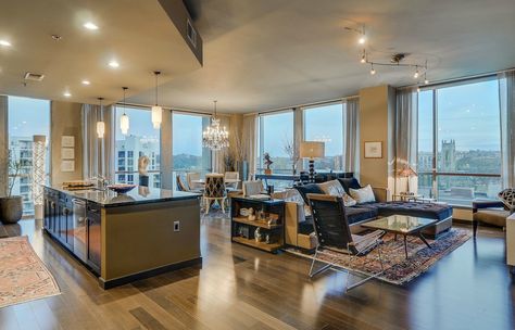 Julianne Hough Sells Nashville Condo, Reportedly Moves Into $3M Mansion Bought By Ex Ryan Seacrest Condo Penthouse, Atlanta Condo, Built In Wine Cooler, Condo Decor, Ryan Seacrest, Julianne Hough, Simon Cowell, Floor To Ceiling Windows, House Room