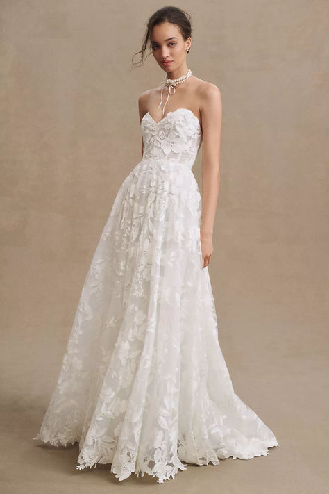 Jenny Yoo Madeline A-Line Strapless Lace Wedding Gown | Anthropologie Ethereal Lace Wedding Dress, Wedding Dresses For Size 12 Women, Funky Wedding Dress, Lace Floral Wedding Dress, Lace Aline Wedding Dress, Lace Satin Wedding Dress, Floral Applique Wedding Dress, A Line Lace Wedding Dress, Lace Ballgown Wedding Dress