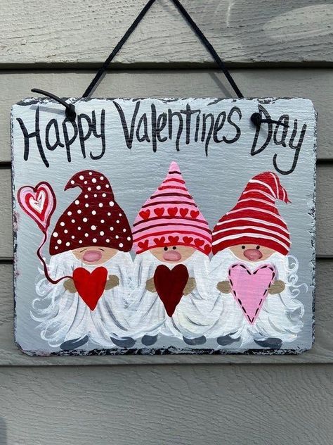 Themed Classroom Ideas, Gnome Paintings, Valentines Wishes, Slate Painting, Valentines Door Hanger, Diy Valentine's Day Decorations, Painted Slate, Gnome Decor, Valentine Gnome