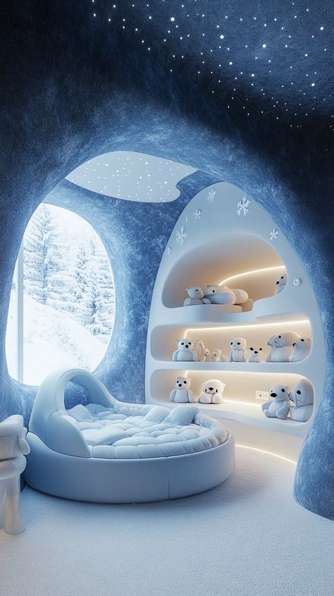 Arctic-themed nursery with igloo-shaped bed, polar bear chairs, blue walls, and nature-inspired decor, featuring a snowy Soft Blue Walls, Gender Neutral Nursery Design, Nursery Designs, Chic Nursery, High Chairs, Snowy Landscape, Landscape View, Gender Neutral Nursery, Soothing Colors