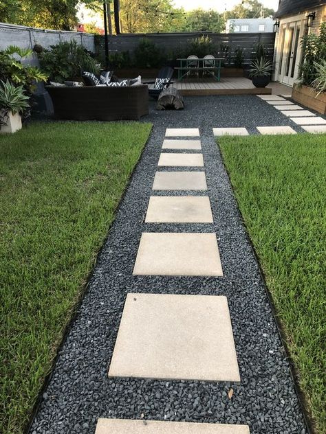 Pavestone Walkway Ideas, Raised Perimeter Garden Beds, Lighted Pathway Ideas, Patio Swings Ideas Backyards, Modern Driveway Paver Design, Sidewalk To Backyard, Large Tree Landscaping, Black Stone Landscaping, Backyard Landscaping Walkways