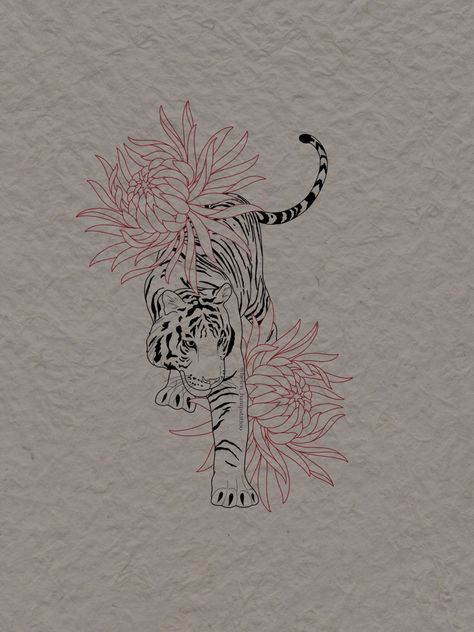 Tiger With Hibiscus Tattoo, Tiger Tattoo For Women With Flowers, Spine Tattoos Animals, Tiger Tattoo With Cherry Blossoms, Suspicious Minds Tattoo, Spine Tattoos For Women Tiger, Asian Mythology Tattoo, Year Of The Tiger Tattoo For Women, Dainty Japanese Tattoo