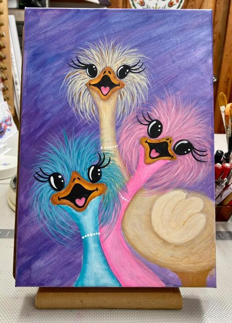 Cute Ostrich Painting, Crazy Painting Ideas, Easy Step By Step Painting For Beginners, Easy Animal Paintings, Ostrich Painting, Ostrich Art, Whimsical Art Paintings, Learn Watercolor Painting, Acrylic Art Projects