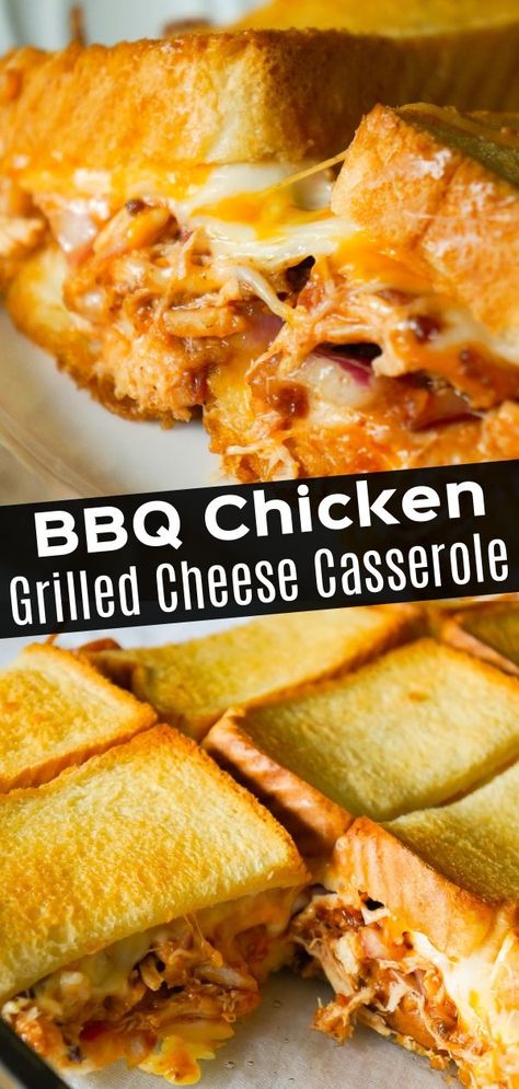 BBQ Chicken Grilled Cheese Casserole is an easy weeknight dinner recipe using shredded rotisserie chicken and loaded with BBQ sauce, bacon, cheddar and mozzarella. Bbq Chicken Grilled Cheese, Grilled Cheese Casserole, Chicken Grilled Cheese, Shredded Rotisserie Chicken, Chicken Grilled, Grilled Bbq Chicken, Weeknight Dinner Recipes Easy, Healthy Cookie Recipes, Cheese Casserole