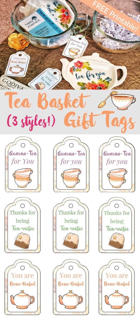 Quaran-Tea for you gift baskets make a sweet I miss you present for family and friends! Choose from 3 different printable gift tags good for thank you's, Mother's Day, and just because! Tea Bag Tags, Tea Gift Tags, Tea Tag, Easy Teas, Tea Crafts, Tea Gift Sets, Printable Gift Tags, Tea Diy, Gift Tea