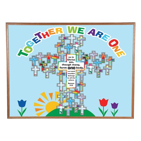 Together we are one," is the theme of this faith-filled bulletin board. This bulletin board set features images of flowers, a sun and comes with 40 blank crosses to add student names as well as a large cross with a Bible quote from Romans 12:5. Use this set to dress up a Sunday School or VBS classroom. Includes 40 blank cutouts. Cardstock. (65 pcs. per unit) Sheets, 16" x 24 1/2" © OTC Cross Bulletin Board, Missions Bulletin Board, Christian School Bulletin Boards, Fall Church Bulletin Boards, Catholic Bulletin Boards, Religious Bulletin Boards, First Grade Crafts, Christian Bulletin Boards, Images Of Flowers