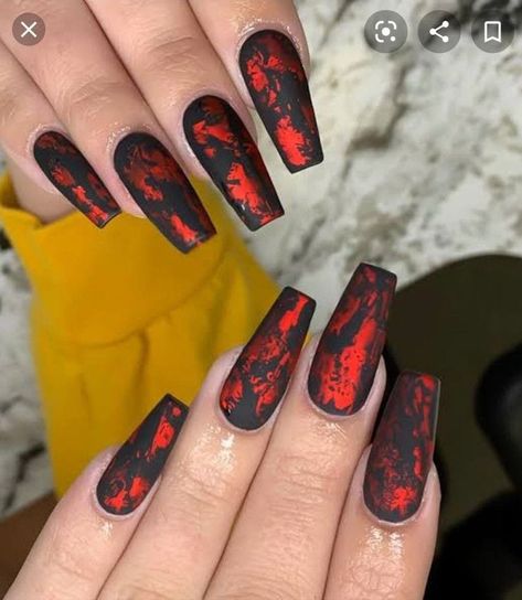 Dip Extension Nails Ideas, Red And Black Foil Nails, Black Nails With Red Foil, Matte Black And Red Nails, Black Gothic Nails, Spooky Nail Art, Maroon Nail Designs, Maroon Nail, Black Marble Nails