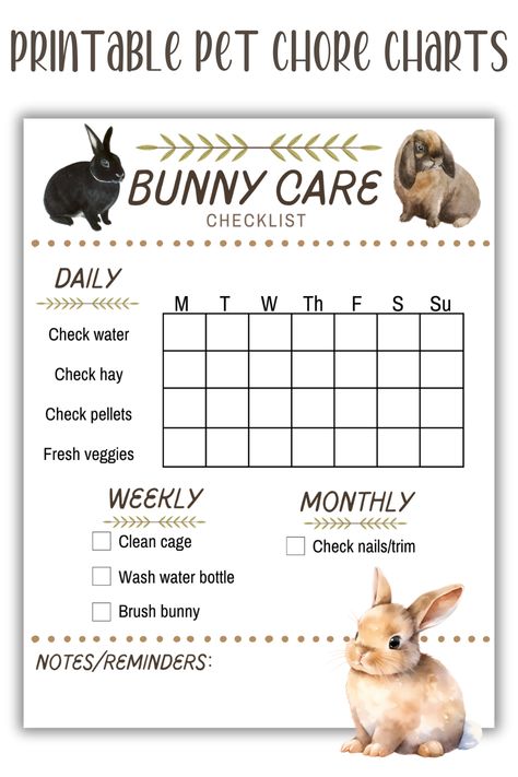 Printable Pet Chore Charts - Bunny Rabbits, Guinea Pigs and Chickens. Unlimited printing, digital download. Help kids, adults and petsitters care for pets. Includes daily, weekly and monthly chores. #chorecharts #petbunny #chickenchores Pet Care Chart, Monthly Chores, Rabbit Printable, Rabbit Room, Bunny Supplies, Rabbit Behavior, Purple Wallpapers, Raising Rabbits, Bunny Aesthetic