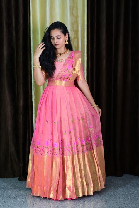 Crop Top Pattu Lehenga, Pattu Saree Dress Gowns, Pattu Saree Long Frocks Designs, Latest Long Frocks With Sarees, Pattu Long Frocks For Women Latest, New Long Frock Models, Pattu Long Frocks For Women, Latest Long Frock Designs, Long Frock Models