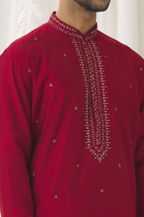 Red kurta with zari and thread embroidered foliage vine motifs. Comes with pant. - Aza Fashions Red Kurta For Men, Embroidered Foliage, Kurta Designs Men's, Red Kurta, Kurta Men, Kurta With Pants, Kurta Designs, Pants Pattern, Embroidered Silk