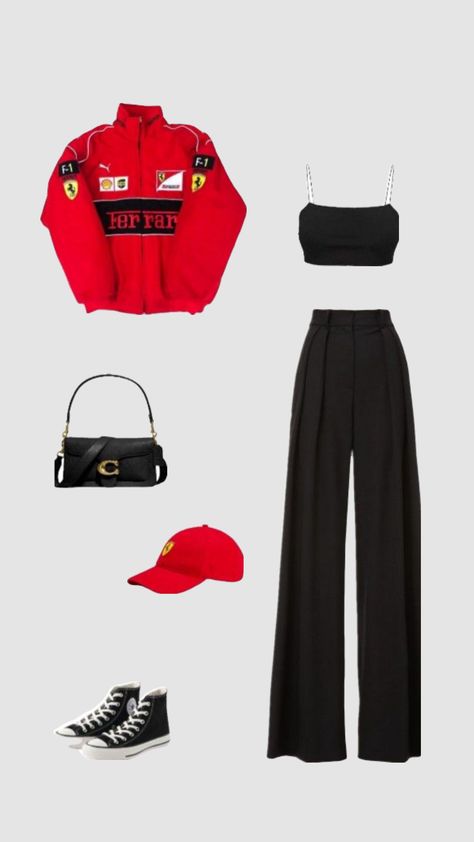 Racing Inspired Outfit, Race Outfit Aesthetic, F1 Ferrari Outfit, F1 Outfit For Women Summer, Bikercore Outfit, F1 Outfit For Women Ferrari, Formula 1 Outfit Women Ferrari, F1 Inspired Outfits, F1 Jacket Outfit