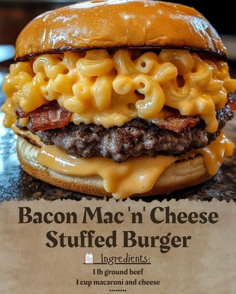 🌟 Get Ready for a Flavor Explosion! 🌟 🍔🥓 Bacon Mac 'n' Cheese Stuffed Burger 🧀 Imagine sinking your teeth into a juicy burger, only to discover a creamy, cheesy macaroni surprise inside! 🤤 This is the ultimate comfort food mashup that your taste buds have been dreaming of! ✨ Ingredients: 1 lb ground beef 1 cup macaroni and cheese 4 slices crispy bacon, crumbled 4 slices sharp cheddar cheese Salt & pepper to taste 📋 Instructions: Prepare the Patties: Divide the ground beef into 8 equal po... Macaroni Surprise, Stuffed Burger, Cheesy Macaroni, Juicy Burger, Bacon Mac And Cheese, Food Fest, Fast Dinner Recipes, Dinner For One, Bacon Burger