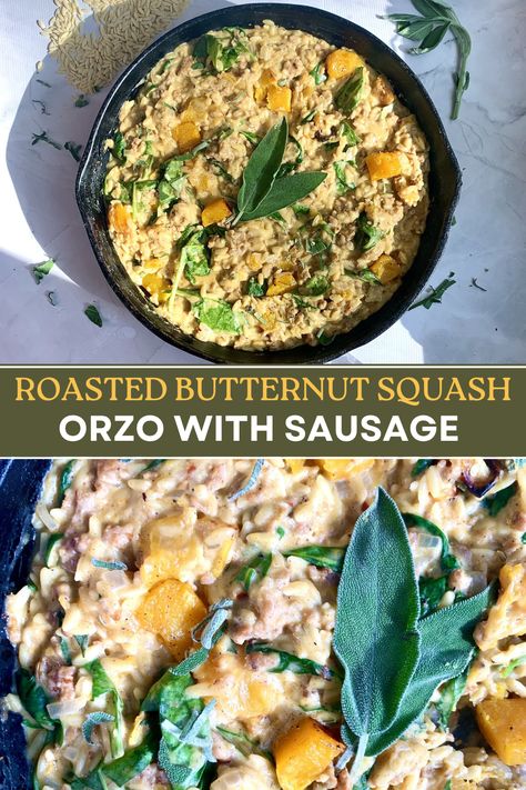 Discover the savoury magic of Roasted Butternut Squash Orzo with Sausage! This delectable recipe combines autumn's finest flavours. Enjoy a warm and satisfying meal. 🍂🍽️ #Foodie #fallcomfortfood #comfortfood #onepotmeal #SausageRecipe Orzo Butternut Squash, Squash And Sausage Soup, Orzo With Sausage, Butternut Squash Orzo, Squash Orzo, Creamy Orzo, Butternut Squash Cubes, Creamy Butternut Squash, Creamy Parmesan Sauce