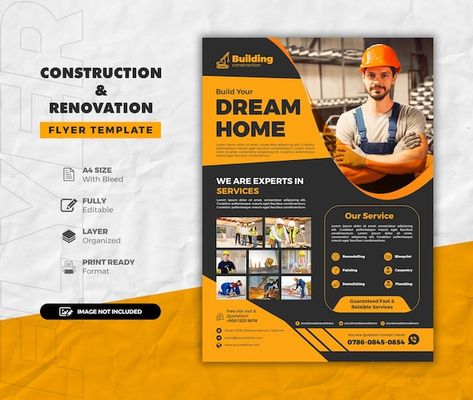 Construction and renovation creative fly... | Premium Psd #Freepik #psd #handout #construction-flyer #clean-flyer #brochure Construction Services Poster, Construction Company Flyer, Construction Poster Design, Construction Brochure, Construction Poster, Construction Flyer, Construction Marketing, Construction Cleaning, Construction Firm