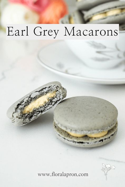 Earl Grey Macarons - The Floral Apron Earl Gray Macarons, Earl Grey Macaron Recipe, Earl Grey Desserts, Earl Grey Macaron, Earl Grey Buttercream, Grey Macarons, Earl Grey Chocolate, Earl Grey Cookies, 2024 Recipes