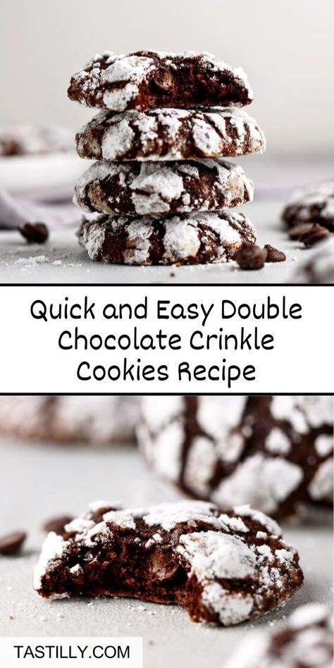 Enjoy rich and fudgy Double Chocolate Crinkle Cookies with a soft texture, fudgy brownie taste, and melted chocolate chips inside. Granulated sugar and powdered sugar coating give them beautiful crinkles that resemble snowy days. Effortless to prepare, these cookies will be a hit on your Christmas holidays. Chocolate Cracked Cookies, Easy Sweet Recipes Quick, Food Palette, Chocolate Crinkles Recipe, Melted Chocolate Chips, Chocolate Crinkle Cookies Recipe, Crinkle Cookies Recipe, Chocolate Crinkle, Fudgy Brownie