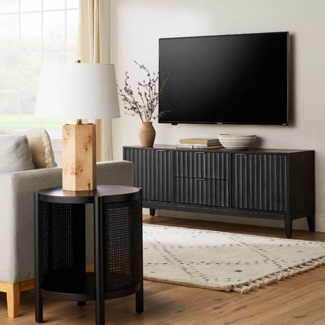 Tv Stand Target, Couch And Tv Stand, Black Tv Stand Ideas, Studio Mcgee Tv Stand, Tv Stand Living Room Ideas, Apartment Tv Stand Ideas, Black Tv Stand Living Room Decor, Bedroom Tv Stand Ideas, Tv Console Ideas