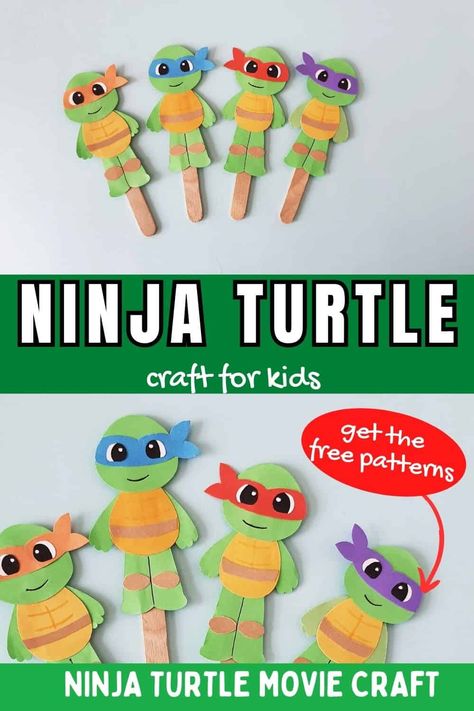 Ninja Turtle Craft. If your boy is obsessed with the Ninja Turtles, then he'll love making this cute Ninja Turtle craft. After creating the Ninja Turtle puppets, kids can act out their favorite Ninja Turtle adventures! Nickelodeon Arts And Crafts, Ninja Turtle Party Games Activities, Ninja Turtles Masks, Diy Ninja Turtles Birthday Party Ideas, Pin The Mask On The Ninja Turtle, Tmnt Free Printables, Ninja Turtle Crafts For Preschoolers, Ninja Turtle Crafts For Kids, Ninja Turtles Craft