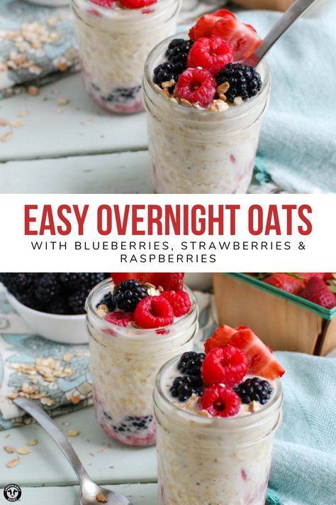 Berry Overnight Oats, Raspberry Overnight Oats, Recipes Plant Based, Overnight Oats Recipe Easy, Overnight Oats With Yogurt, Best Overnight Oats Recipe, Strawberry Overnight Oats, Berry Oatmeal, Easy Overnight Oats