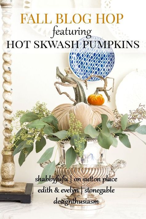 Velvet Pumpkins Display, Dining Tablescapes, Decorating With Pumpkins, Stone Gable, Fall Decorating Ideas, Pumpkin Display, Fall Floral Arrangements, Sutton Place, French Elegance