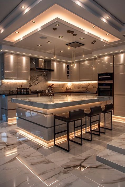 Large Kitchen, Marble, Bar, White, Design