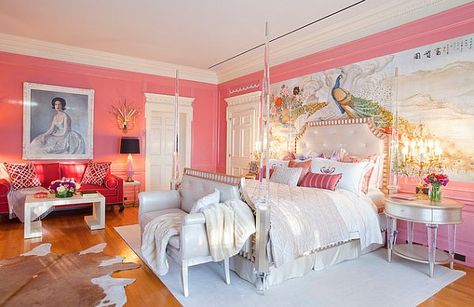 light gray bedroom walls with pink bedding | Pink Room Decor: How to Beautify Your Home with Pink Victorian Bedrooms, Eclectic Bedroom Design, Pink Bedroom Walls, Girly Apartments, Girly Apartment Decor, Victorian Bedroom, Pink Room Decor, Peacock Decor, Eclectic Bedroom