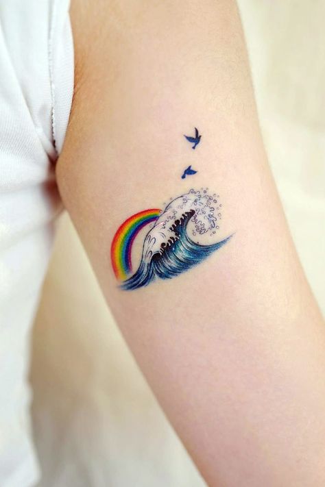 Wave Tattoo Ideas Ocean, Colored Tattoos For Women Minimalist, Colored Minimalist Tattoo For Women, Color Wave Tattoo, Rainbow Wave Tattoo, Small Sea Tattoos For Women, Ocean Waves Tattoo Design, Minimalist Tattoo Colored, Minimalist Colored Tattoo