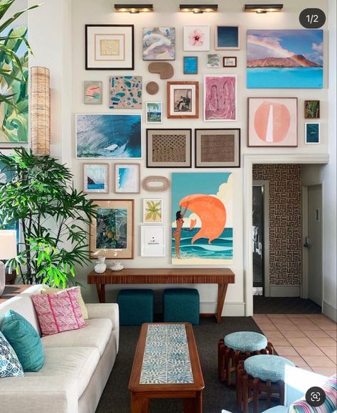 Beach Corner Decor, Sea Themed Living Room, Eclectic Coastal Living Room, Beach House Gallery Wall, Maximalist Coastal, Beach Theme Gallery Wall, Vintage Hawaii Home Decor, Surf Gallery Wall, Hawaii Home Decor