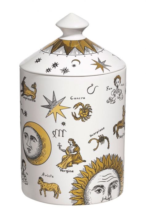 fornasetti-astronomici-scented-candle Fornasetti Candle, Lilin Aroma, Printed Candles, Designer Dog Collars, Piero Fornasetti, Scented Candles Luxury, Gold Candles, Luxury Pet, Arte Inspo