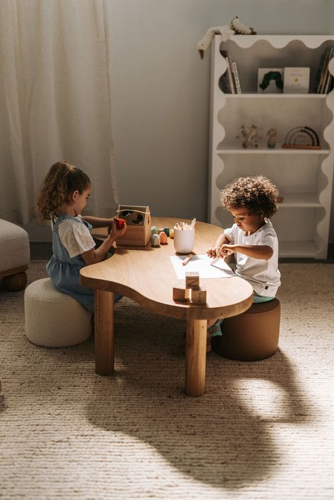 Premium Elm Wood Curvy Connections: Seamlessly connect two or three of these tables. Their ingenious design allows them to fit together perfectly,  Dimensions 131cm length  x 50cm height Kids Space In Living Room, Livingroom Toys, Table In Playroom, Playroom For Toddler, Montessori Interior, Kids Small Playroom Ideas, Luxury Playroom, Kids Room Montessori, Play Table For Kids