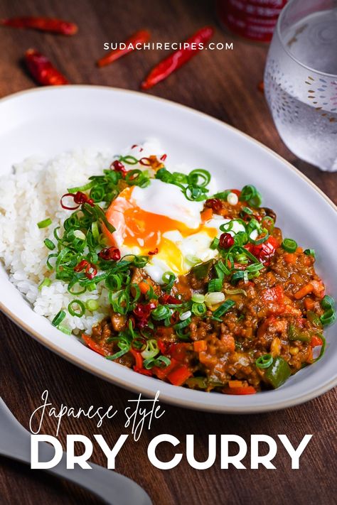 Japanese dry curry served on a white oval plate and topped with chopped green onion, red chilis and an onsen tamago. Japanese Curry Recipes, Japanese Curry Recipe, Spicy Japanese Curry, Japanese Dry Curry, Japanese Curry Recipe Vegetarian, Easy Japanese Curry, Vegetable Japanese Curry, Japanese Dinner, Japanese Curry