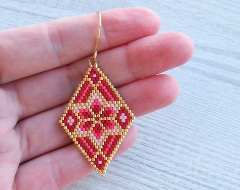 Geometric Flower Brick Stitch Earrings PDF Pattern, Red Ornament Native Rhombus Miyuki Delica Beaded Earring Pattern, Earrings PDF Pattern - Etsy Canada Miyuki Beaded Earrings, Brick Stitch Earrings Pattern Ideas, Delica Beaded Earrings, Brick Stitch Earrings Pattern, Brick Stitch Pattern Earring, Seed Bead Jewelry Patterns, Stitch Earrings, Stitch Jewelry, Beaded Earrings Diy