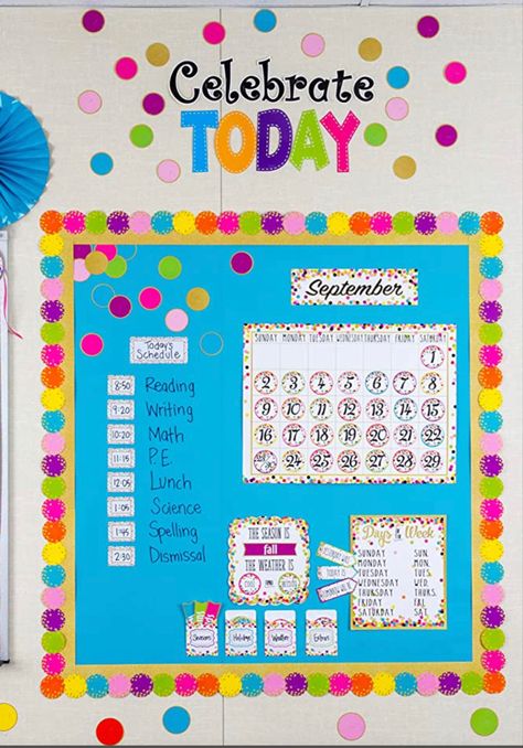 Confetti Classroom, Aktiviti Prasekolah, Calendar Bulletin Boards, Confetti Theme, Summer Bulletin Boards, Kindergarten Classroom Decor, Classroom Calendar, Classroom Board, Board Display